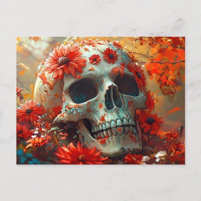Döskalle i vildblommor Höst Halloween vykort (Framsida)
