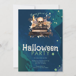 Döskalle på böcker med rosor Halloween-fest Inbjudningar
