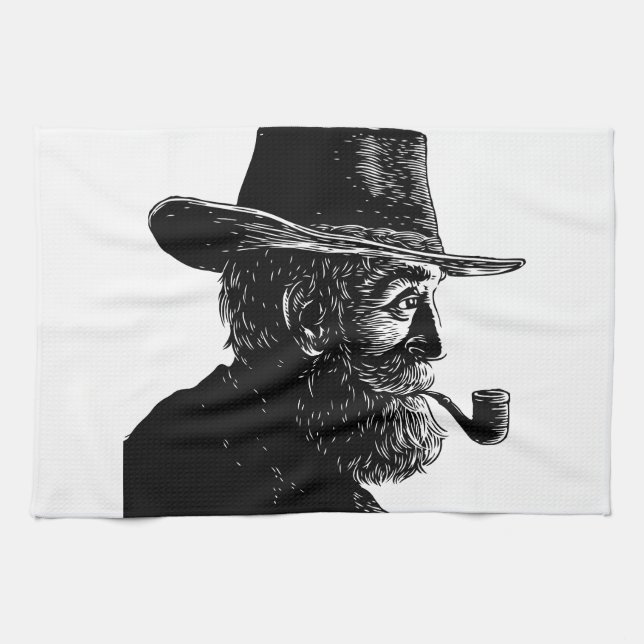 Dot and Line Porträtt: Wise Old Man Smoking a Pipe Kökshandduk (Horisontell)