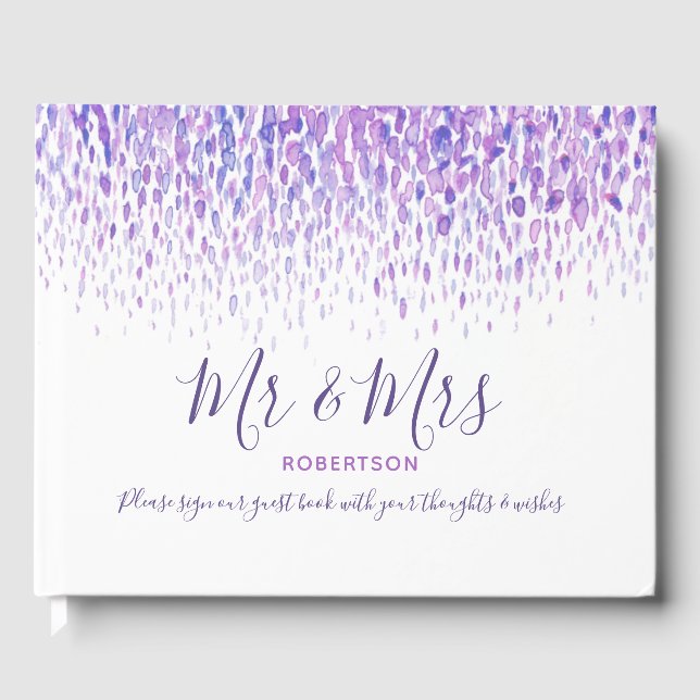 Dot art cascade anpassningsbar lila bröllop gästböcker (Framsida)