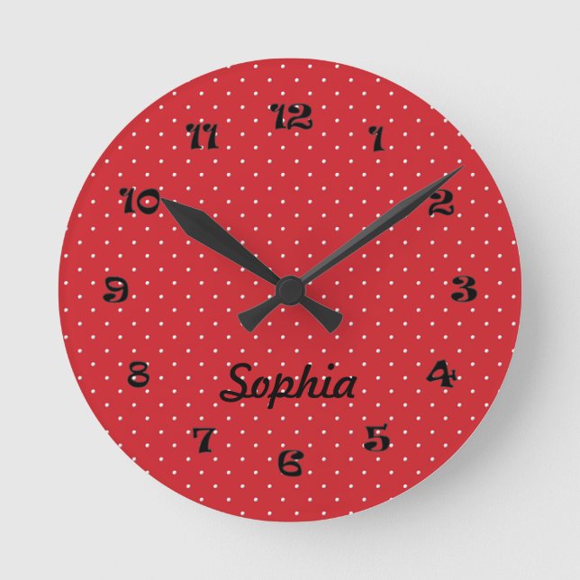 Dot Clock för Round Red and White Polka Rund Klocka (Framsida)