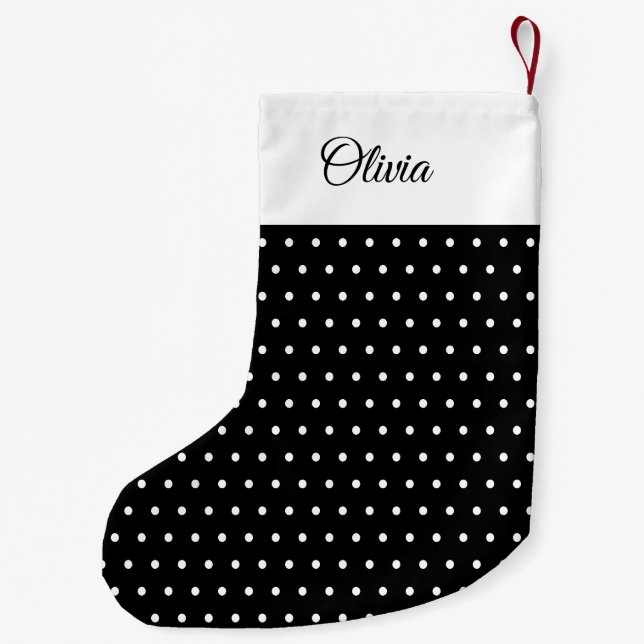 Dot för anpassat namn, svart och vit polka liten julstrumpa (Baksidan)