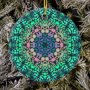 Dot Mandala Flower Blue Grönt and Rosa Julgransprydnad Keramik