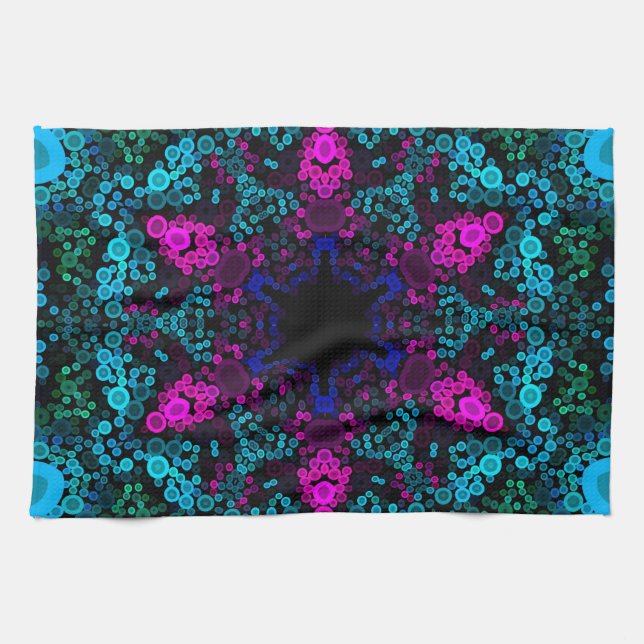 Dot Mandala Flower Blue Grönt and Rosa Kökshandduk (Horisontell)