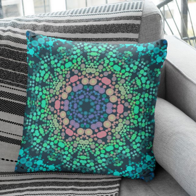 Dot Mandala Flower Blue Grönt and Rosa Kudde (Skapare uppladdad)
