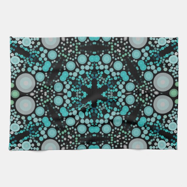 Dot Mandala Flower Blue Grönt och Grått Kökshandduk (Horisontell)