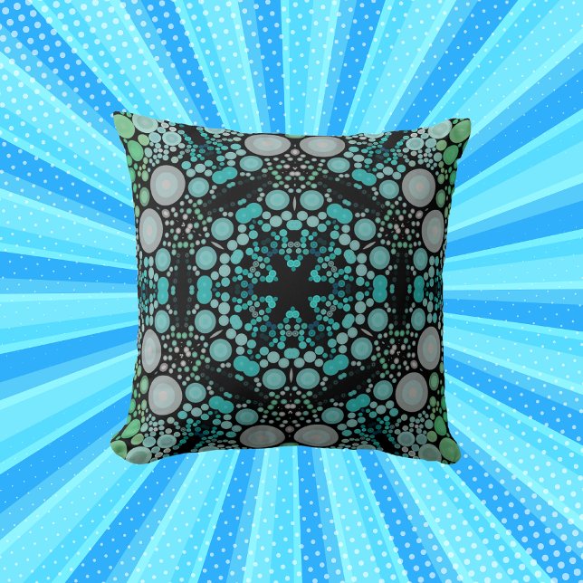 Dot Mandala Flower Blue Grönt och Grått Kudde (Skapare uppladdad)