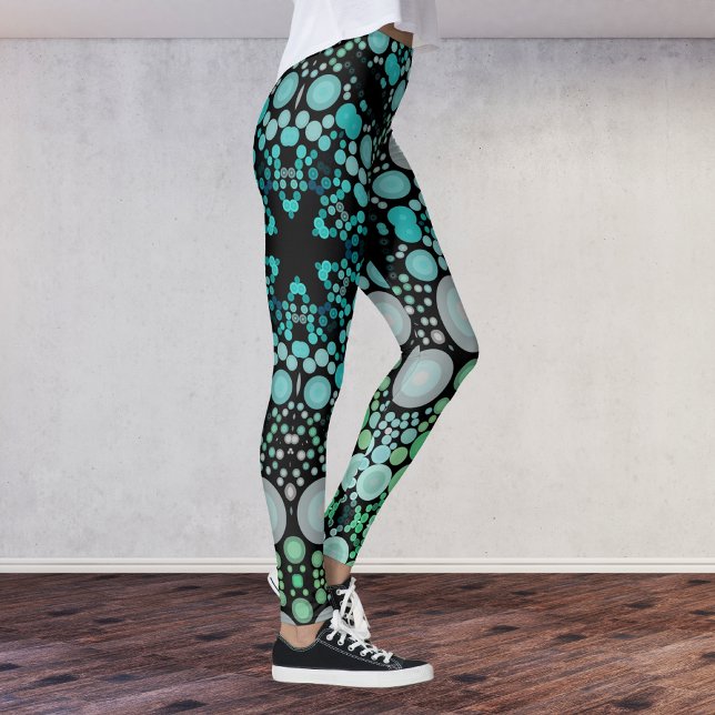 Dot Mandala Flower Blue Grönt och Grått Leggings (Skapare uppladdad)