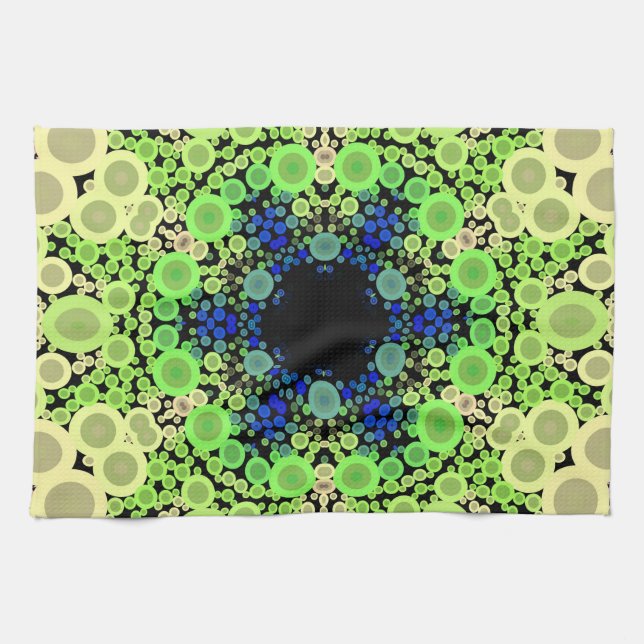 Dot Mandala Flower Blue-Grönt och -Gult Kökshandduk (Horisontell)