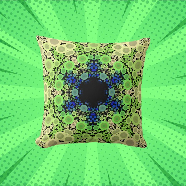 Dot Mandala Flower Blue-Grönt och -Gult Kudde (Skapare uppladdad)