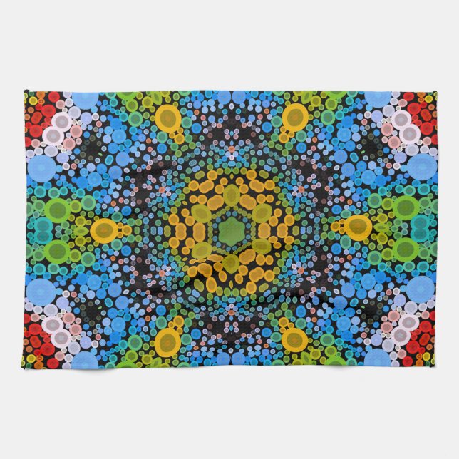 Dot Mandala Flower Blue-Gult och -Grönt Kökshandduk (Horisontell)