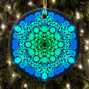 Dot Mandala Flower Blue och Grönt Julgransprydnad Keramik
