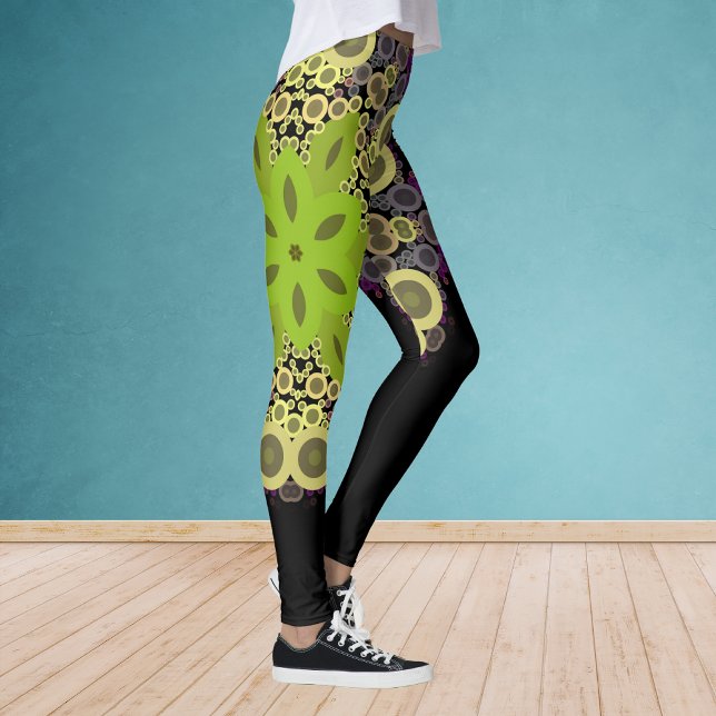 Dot Mandala Flower Grönt Gult och Lila Leggings (Skapare uppladdad)