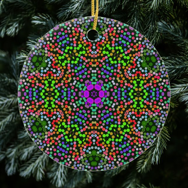 Dot Mandala Flower Grönt Lila and Orange Julgransprydnad Keramik (Skapare uppladdad)