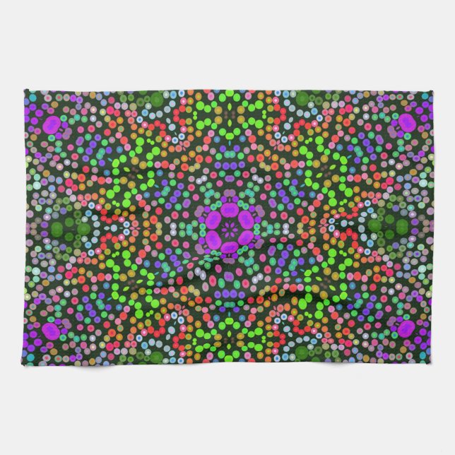 Dot Mandala Flower Grönt Lila and Orange Kökshandduk (Horisontell)