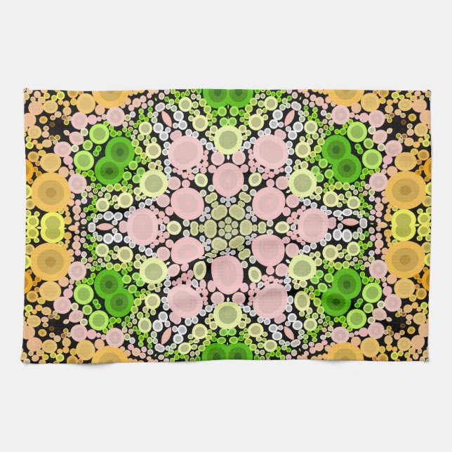 Dot Mandala Flower Gult Grönt och Rosa Kökshandduk (Horisontell)