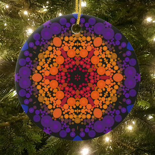 Dot Mandala Flower Gult Lila och Blue Julgransprydnad Keramik