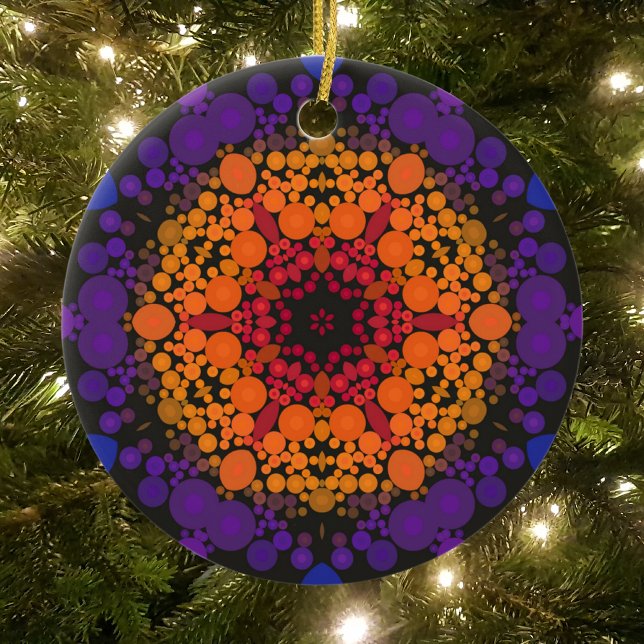 Dot Mandala Flower Gult Lila och Blue Julgransprydnad Keramik (Skapare uppladdad)