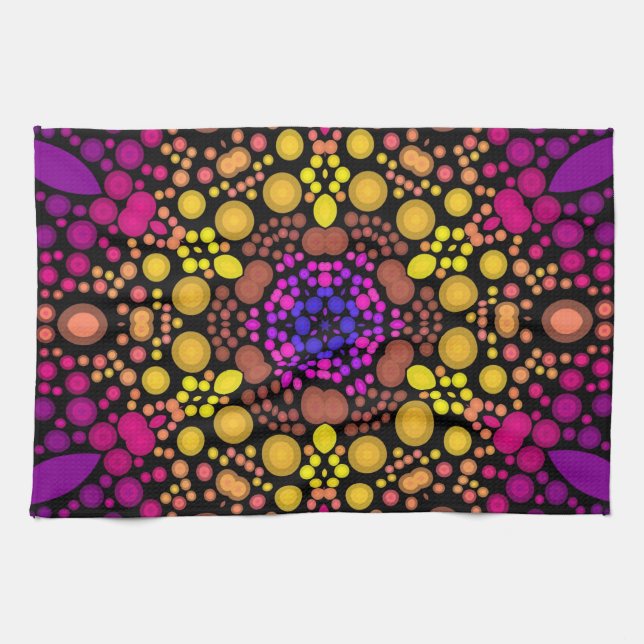 Dot Mandala Flower Lila and Gult Kökshandduk (Horisontell)