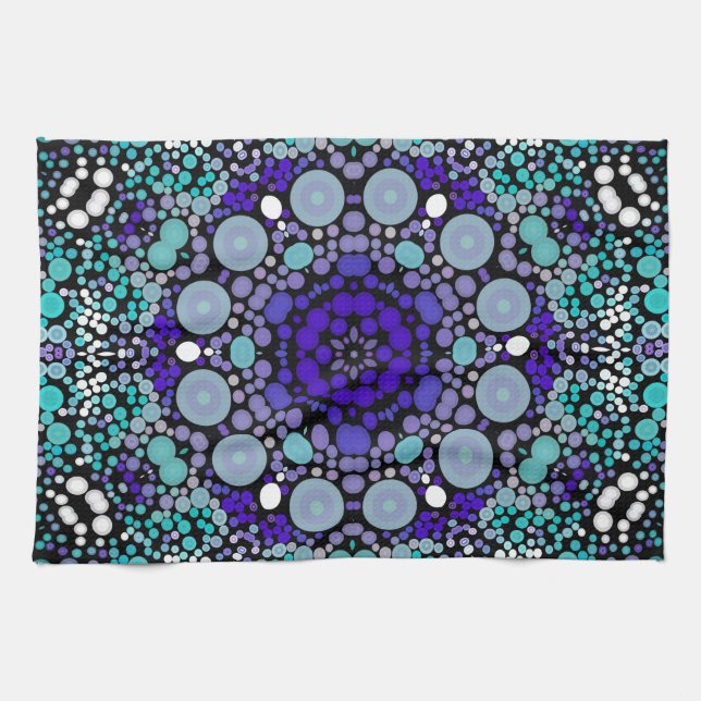 Dot Mandala Flower Lila Blue and White Kökshandduk (Horisontell)