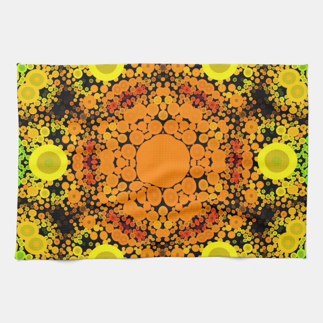 Dot Mandala Flower Orange Gult och Grönt Kökshandduk (Horisontell)