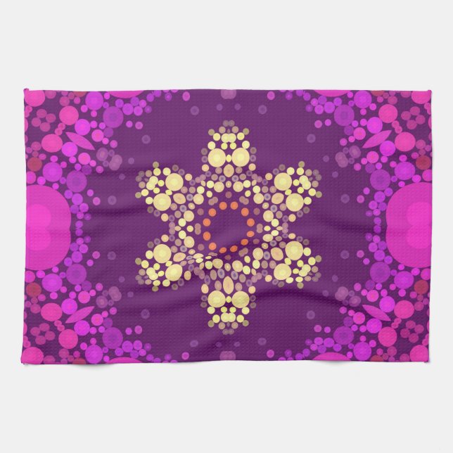 Dot Mandala Flower Rosa and Gult Kökshandduk (Horisontell)