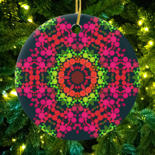Dot Mandala Flower Rosa Grönt och Orange Julgransprydnad Keramik