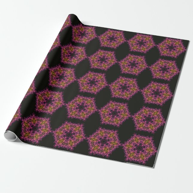 Dot Mandala Flower Rosa Gult and Black Presentpapper (Utrullad)