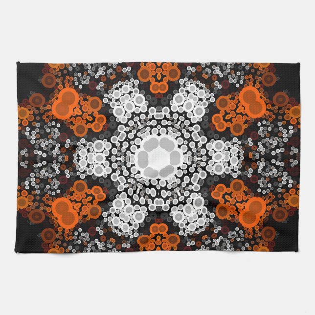 Dot Mandala Flower White Orange and Black Kökshandduk (Horisontell)