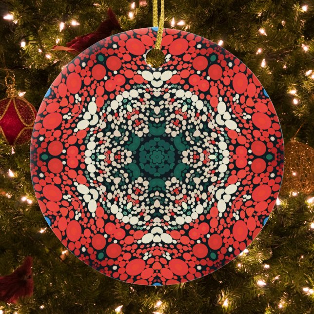 Dot Mandala Rött vitt blått och Grönt Julgransprydnad Keramik (Skapare uppladdad)