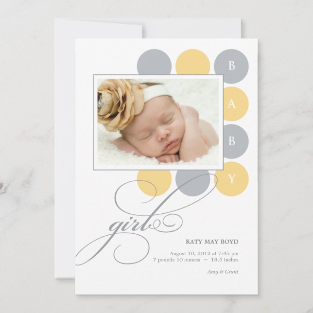 Dots Girl Anpassningsbar Photo Birth Announcement Meddelande (Framsida)