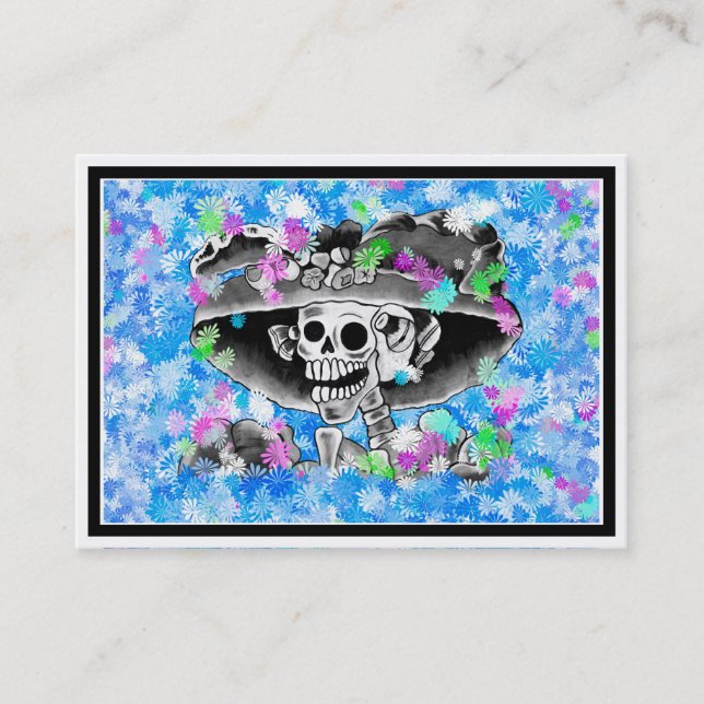 Döttande Skeleton-kvinna i Bonnet på Blue Visitkort (Framsida)
