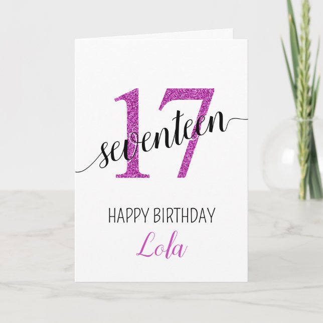 Dotter 17 rosa glitter födelsedagskort kort (Framsida)