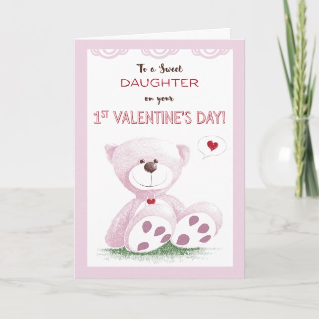 Dotter 1st valentin dag, rosa nalle på helgkort (Framsida)