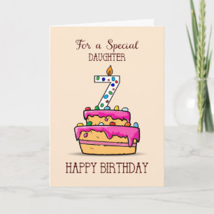 Dotter 7:e Birthday, 7 om sötad Rosa Cake Kort