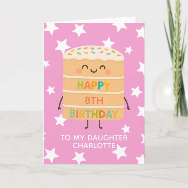Dotter 8:e födelsedagen Cute Rosa Cake Anpassnings Kort (Framsida)