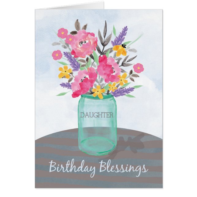 Dotter Birthday Blessings Burk Vas med Flowers Hälsningskort (Framsidan)