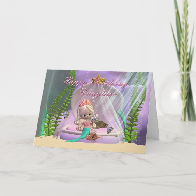 Dotter Birthday-kort med liten sjöjungfru och fis Kort (Framsida)