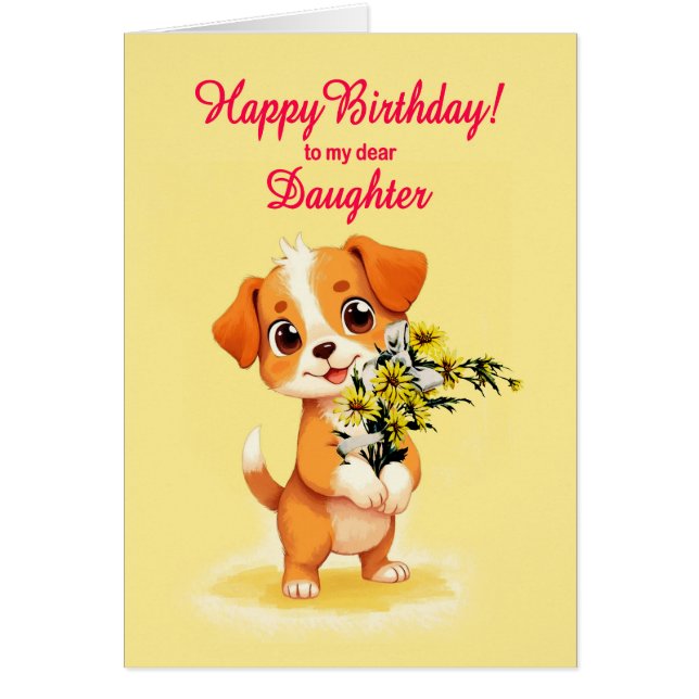 Dotter Birthday Puppy and Flowers Hälsningskort (Framsidan)