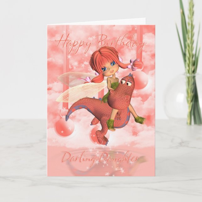 Dotter Cute Birthday card, rosa drake och fairy Kort (Framsida)