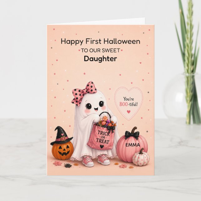 Dotter Första Halloween Anpassat Namn Söt Spöke Kort (Framsida)