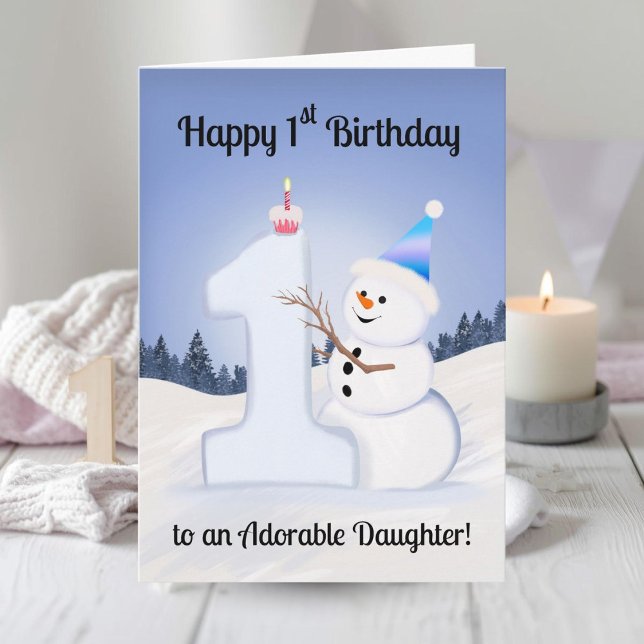 Dotter Glad 1st födelsedag Snöman Byggnad Kort (Skapare uppladdad)