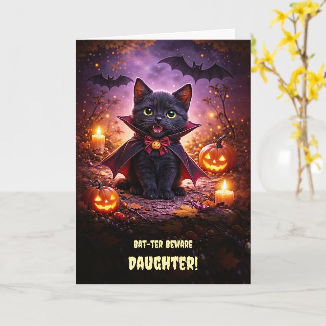 Dotter Glad Halloween Söt Kattunge Katt Vampyr  Kort (Gul blomma)