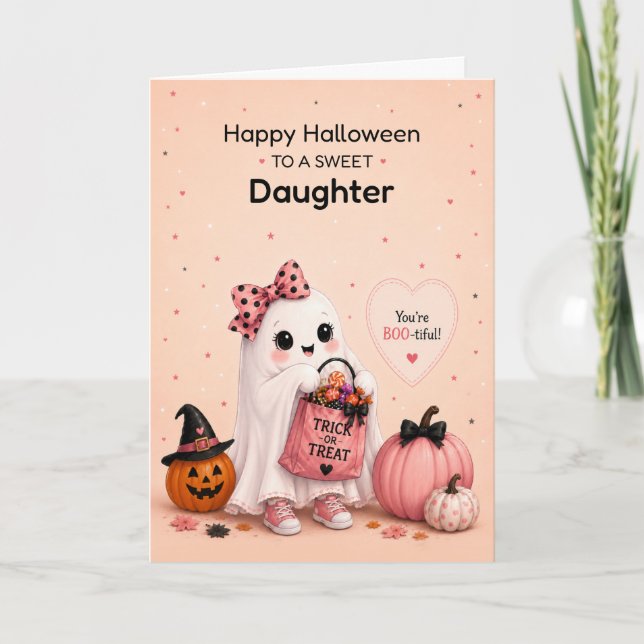 Dotter Halloween Söt spöke eller bus eller godis Kort (Framsida)