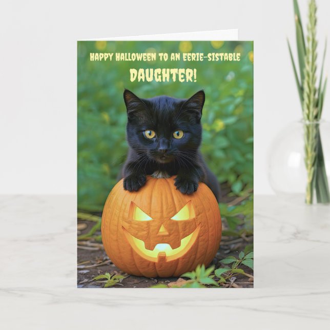 Dotter Happy halloween Cute Black Cat Kitten Kort (Framsida)