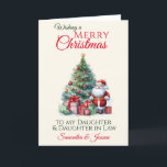 Dotter och dotter till Santa Julgran Helgkort<br><div class="desc">Ett vackert julkort för er dotter och dotter i juridik som består av Jultomten bredvid ett vackert dekorerat Julgran med baubles och tinsel omgiven vid grund av inslagna boxade gåvor. All text kan anpassas och sedan anpassas med namn och inuti meddelandet. färg i bakgrunden kan ändras eller tas bort om...</div>