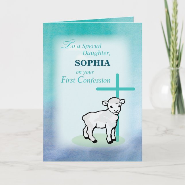 Dotter personalize Namn First Confession Lamb Kort (Framsida)