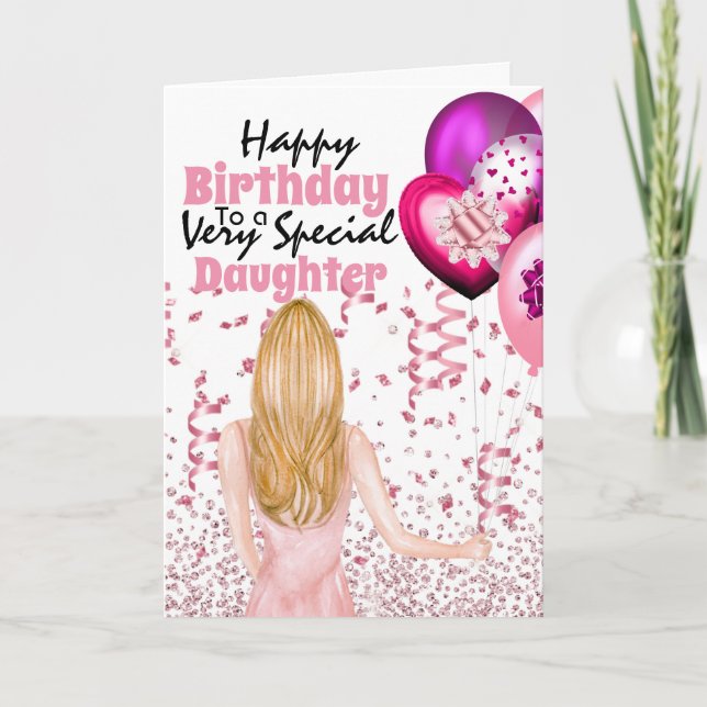 Dotter som håller rosa-ballonger konetti-födelseda kort (Framsida)