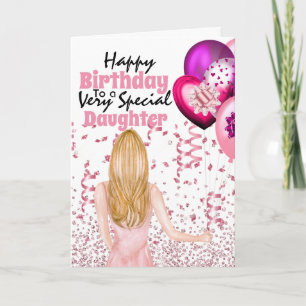 Dotter som håller rosa-ballonger konetti-födelseda kort