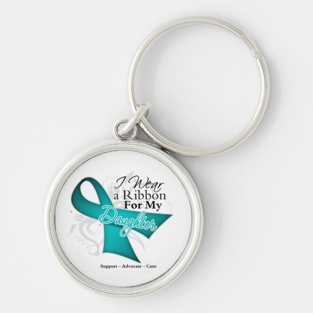 Dotter - Teal Ribbon Awareness Rund Silverfärgad Nyckelring (Framsidan)